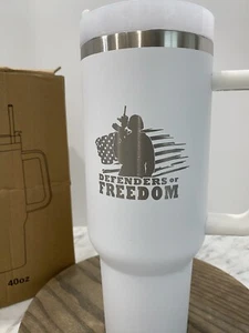40 oz White Powder Coated Stainless Steel Tumbler Defenders of Freedom - Picture 1 of 14