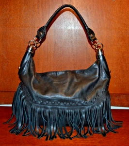 B. Makowsky Black Hobo Handbag Fringe Genuine Leather Pebbled EUC - Picture 1 of 18