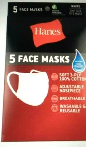 Paquete de 5 mascarillas faciales Hanes blancas 100 % algodón tela nueva en paquete - reutilizables/lavables - Imagen 1 de 2