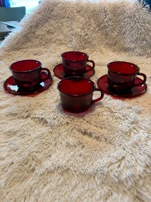 Arcoroc France Ruby Red Tea Cups & Saucers Vintage Glassware -3 sets, 1 xtra cup - Image 1 of 4