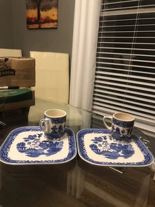 Rare Vintage Set Of 2 Blue Willow Square Snack Plate & Cup Set Made In Japan - Picture 1 of 12