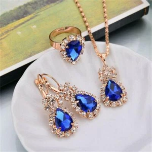 Women Girl Crystal Pendant Chain Necklace Choker Drop Earrings Jewelry Set LC - Picture 1 of 15