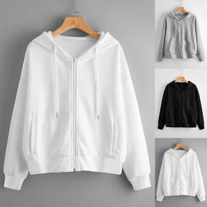 Women Casual Long Sleeve Zip-Up Hoodie Jacket Solid Color Sweatshirt Coat - Picture 1 of 15