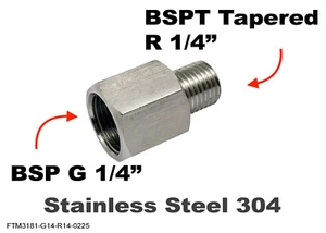 BSP G 1/4" Female to BSPT Tapered R 1/4" Male Stainless Sensor Adaptor Fittings - Picture 1 of 6