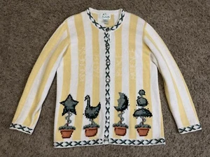 QUACKER FACTORY Yellow White Stripe Cardigan Garden Duck Embroidered MEDIUM READ - Picture 1 of 10
