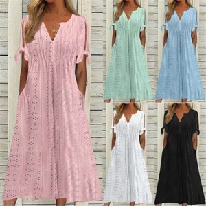 Damas Vestidos Largos Cuello en V Mujeres Vacaciones de Verano Hawaiano Manga Corta Solero - Imagen 1 de 11