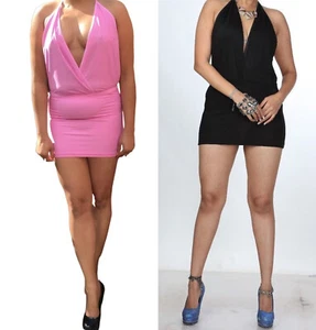 Women's Spandex Lycra Mini Dress Halter Neck Bodycon Sleeveless V Neck Bodycon - Picture 1 of 12