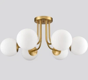 Modern Brushed Brass Gold Globe 6-Light White Glass Semi Flush Mount Fixture NEW - Picture 1 of 10