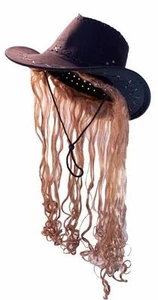 SOMBRERO DE VAQUERO CON CABELLO MARRÓN FALSO broma loca divertida sombreros unisex cabello rizado nuevo - Imagen 1 de 1