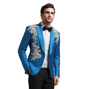 Men's Blue Satin Crystal Jacket SIngle Breasted One Button Groom Wedding Blazers - Picture 1 of 18
