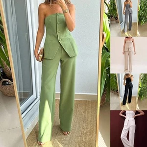 Trending Women's Tube Top Buttoned Sleeveless Top Suit And Fashion Straight Pant - Picture 1 of 8
