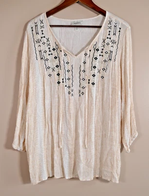 Dressbarn Women Embroidered Tassel Peasant Top Sz 2X Tan Boho Flowy Gypsy Work - Image 1 of 4