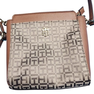 Tommy Hilfiger Monogram Crossbody Tan Brown Gold Hardware Adjustable Strap - Image 1 of 4