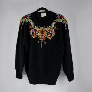 Zellucci Black Jeweled Embelished  Lambswool & Angora Sweater Womens Size Large - Picture 1 of 10