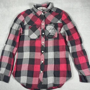 Camisa Harley-Davidson para mujer XS roja negra gris franela a cuadros con botones águila - Imagen 1 de 12