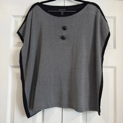Eileen Fisher Bateau Neck Black & White Striped Silk Blend Box Top Size L/XL - Image 1 of 4