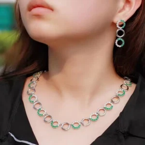 10Ct Lab-Created Emerald & Diamond Wedding Womens Necklace & Earrings Set Silver - Picture 1 of 5