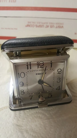 Vtg Equity Wind Up Fold Out Case Travel Alarm Clock EUC  box & instructions Cover