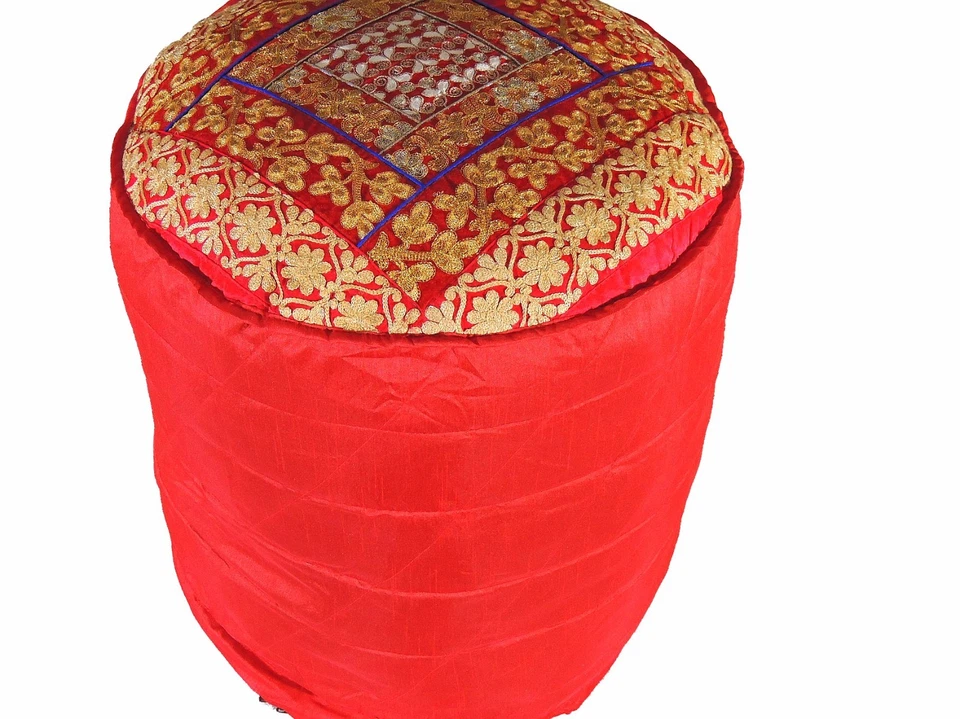 Red Round Gold Zari Pouf Cover Floor Seat Living Room Ottoman Slipcover 18" - Image 1 of 4