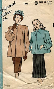 1940's VTG Hollywood Ladies' Coat Pattern 1877 Size 12 - Picture 1 of 2