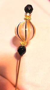 Murano Glass Stick Pin, Italy, Yellow and Gold, Rhinestones, Black Beads - Picture 1 of 2
