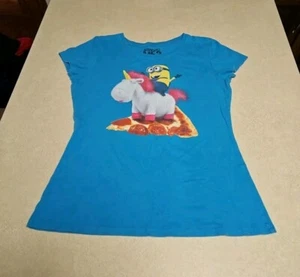 Despicable Me 2 Blue Short Sleeve Shirt Girls Size XL 14/16 Minion Unicorn Pizza - Picture 1 of 4