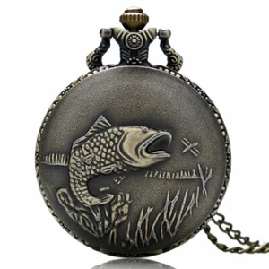 Vintage Fishing Quartz Pocket Watch Chain Antique Retro Necklace Pendant Gift - Picture 1 of 17