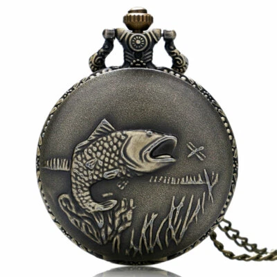 Vintage Fishing Quartz Pocket Watch Chain Antique Retro Necklace Pendant Gift - Image 1 of 4
