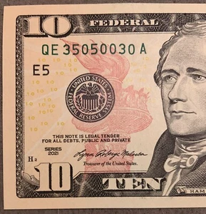 NEW UNCIRCULATED $10 TEN DOLLAR BILL Fancy Number Trinary 2021 QE 35050030 A - Picture 1 of 3