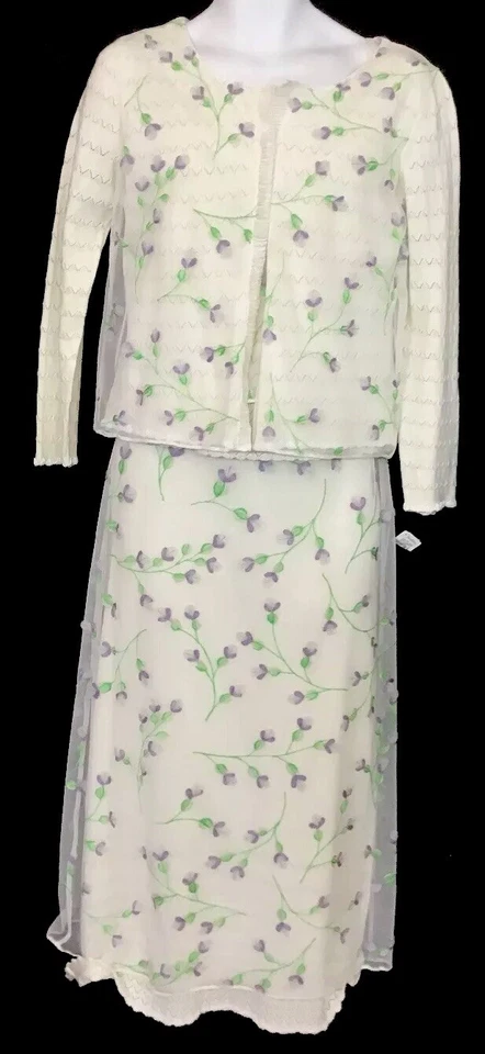 Moschino 3 Piezas Blanco Lavanda Floral Falda Larga Tejida Tanque y Cárdigan Nuevo Con Etiquetas Talla-12 Foto 1 de 4
