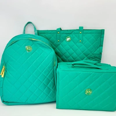 New JOY Teal Quilted Nylon 3-Piece Travel Set Tote Backpack Organizer - Image 1 of 4