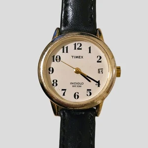 Reloj Timex Indiglo WR 30M Tono Dorado Correa Cuero Negro Clásico Analógico Fecha - Imagen 1 de 7