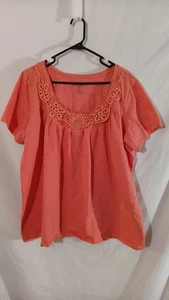 Top coral de manga corta Woman Within con cuello lacado para mujer 1X (22-24) - Imagen 1 de 9