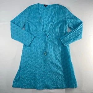 Talbots Dress Large Aqua Blue Long Sleeved Lace Embroidered Beach Summer Cover - Picture 1 of 10