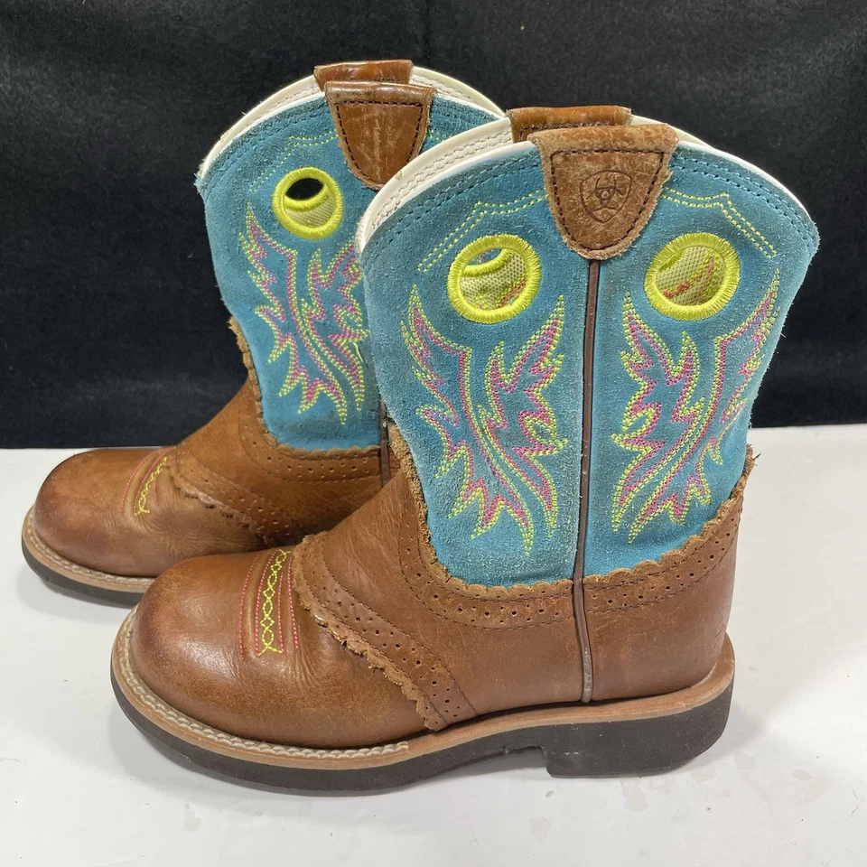 ARIAT Fatbaby Western Kids Boots Leather Tan Blue 10016241 Riding Slip On Sz 1.5 - Image 1 of 4