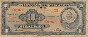 México 10 Peso 24.4.1963 Series AIR Prefix D Circulated Banknote Top2 - Picture 1 of 2