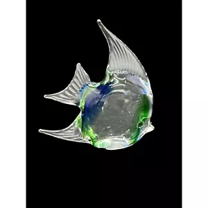 Blown Art Glass Blue Green Clear Fish Unsigned Polished Bottom 4" x 4 " X 1.25" - Picture 1 of 7