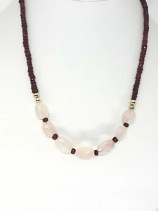 14k Yellow Gold Genuine Ruby and Rose Quartz Beaded Necklace 18" - Picture 1 of 4