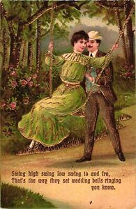 Gold Foil Romantic Couple Swing & Wedding Bells Sentiment Embossed Postcard