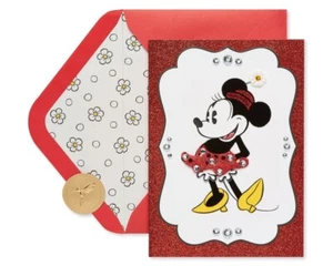 PAPYRUS DISNEY MINNIE MOUSE MIT BLUME GEMMED GLITZER GEBURTSTAGSKARTE - Bild 1 von 2
