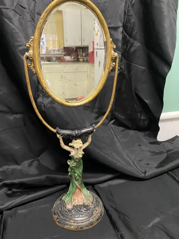 VANITY MIRROR FIGURAL LADY ANTIQUE CAST IRON HOLLYWOOD REGENCY ART DECO Cover