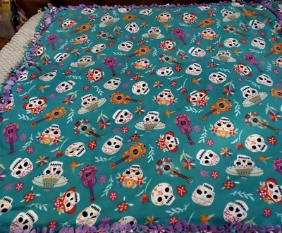 DAY OF THE DEAD Sugar Skull GiutarFleece Handmade Soft Tie Blanket Lg Throw  60" - Image 1 of 4