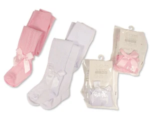 Baby Säugling Baumwolle Strumpfhose Uni & Schleife Babys Neugeborene - 24 Monate / Weiß & Rosa - Bild 1 von 5