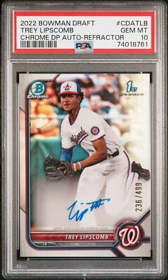 2022 Bowman Draft Trey Lipscomb 1st Bowman Refractor Auto /499 - PSA 10 - POP 34 - Image 1 of 2