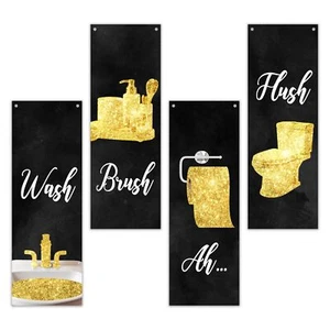 4PCS Gold Bathroom Wooden Signs Black & Gold Funny Washroom Wall Decor - Picture 1 of 4
