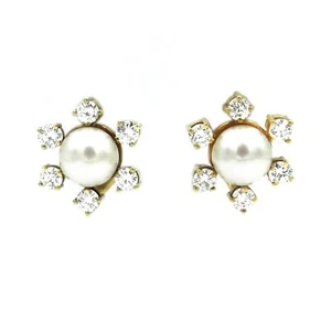 Pearl Diamond Earrings 2 ct Diamonds Pearl Earrings as Clips 585 Yellow Gold - Picture 1 of 6