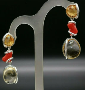orecchini corallo rosso quarzo citrino pendenti in argento GIOIELLO ITALIANO - Imagen 1 de 8