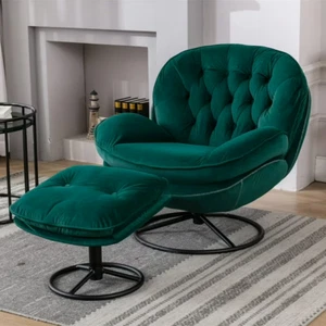 Velvet Swivel Accent Chair with Ottoman Set Armchair Sofa Lounge Chair Green - Picture 1 of 8