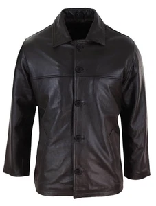 Classic Men's Black Leather Button-Front Jacket, Collared Design - Picture 1 of 5