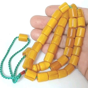 Rare Ottoman Faturan Egg Yolk Yellow Amber Dmari Islamic Prayer Barrel Beads 51g - Picture 1 of 23